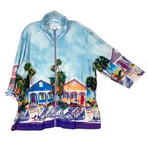 NWOT ELLEN NEGLEY Jacket XXL Blue Artsy Graphic Rhinestone-Zip Roll-Tab-Sleeve